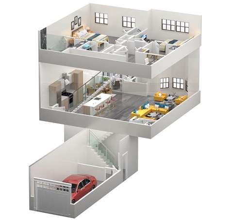 A 3D diagram of a house with a red car in the garage at The Franklin Marlboro Apartments, New Jersey